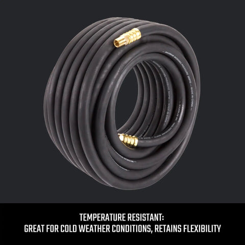 Heavy Duty Rubber Air Hose Three Eighths Inch By Fifty Feet, 300 PSI, depicted coiled with brass fittings, temperature resistant