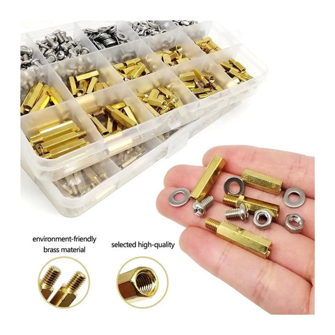 Pro Grade Brass Copper PCB Standoff Hex Spacer Kit For Electronics DIY M2 M2.5 M3 M4 Sizes With Nuts Washers Pillars Screws 680 Piece Set Built For Makers And Tinkerers, brass spacers in organizer tray