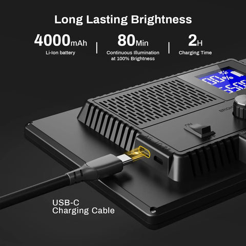 9 Inch LED Video Light Panel With Adjustable 2500K 6500K Color Temperature 12W 600Lux at 0.5m charging with USB-C