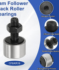 Two Piece Cam Follower Needle Roller Bearing Set Beefy Heavy Duty 16mm Chrome Steel Track Runner For Machine Tool Guide Rails M6x1mm Full Stud Thread KR16 CF6. close-up with hex socket and stud