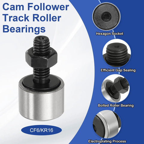 Two Piece Cam Follower Needle Roller Bearing Set Beefy Heavy Duty 16mm Chrome Steel Track Runner For Machine Tool Guide Rails M6x1mm Full Stud Thread KR16 CF6. close-up with hex socket and stud