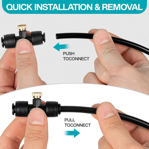 Hands demonstrating quick installation of T-joint for Dope Outdoor Patio Water Mister Cooling System Kit with 100 feet tubing.