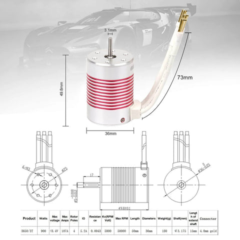 Diagram showcasing 1/10 Scale RC On-Road Car Brushless Motor 3650 5900KV Waterproof 3.175mm Shaft Four Pole Twelve Slot High Torque CNC Machined 6061-T6 Heat Sink