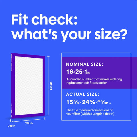 Diagram showing nominal size 16x25x1 in and actual size 15.62x24.62x0.78 in of 2 Pack 3 Month Pleated Air Filter 16x25x1 MERV 12 MPR 1500