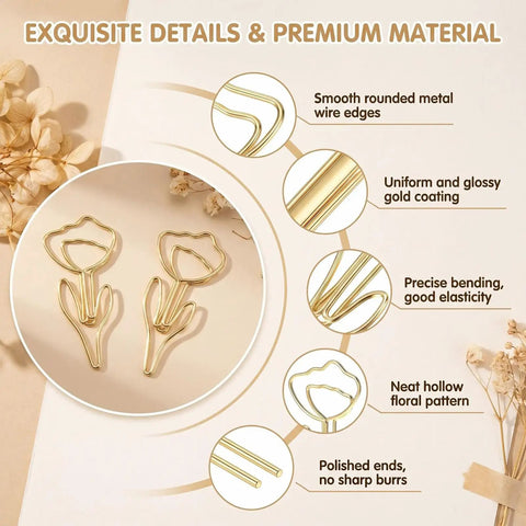 60 Piece Gold Flower Shaped Paper Clips Set For Office And Planner Use shown with smooth gold edges and floral design.
