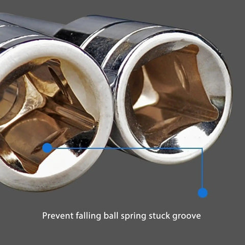 Close-up of Tough As Nails 11 Pc Socket Set showing interior grooves for ball spring, ideal for tight spaces and garage use.