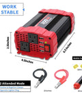 Rock Solid 300W Car Power Inverter Dc 12V To 110V Ac Vehicle Adapter Converter With Dual Quick Charge USB Ports and Standard Wall Sockets for Trucks RVs and Campers Straight Up Reliable, with dimensions 6.5x4.5x2.5 inches.
