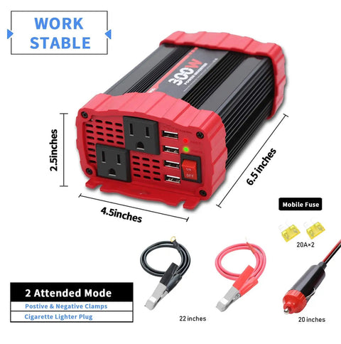 Rock Solid 300W Car Power Inverter Dc 12V To 110V Ac Vehicle Adapter Converter With Dual Quick Charge USB Ports and Standard Wall Sockets for Trucks RVs and Campers Straight Up Reliable, with dimensions 6.5x4.5x2.5 inches.