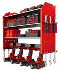 Red Wall Mounted Power Tool Organizer With Four Cordless Tool Holders And Side Hooks For Hammer Pliers And Drill Bits Garage Wall Storage To Keep Your Workspace Tidy And Ready For Quick Projects