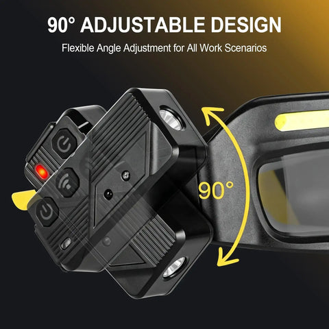 90° adjustable design of badass rechargeable LED safety glasses showing flexible angle for work scenarios.