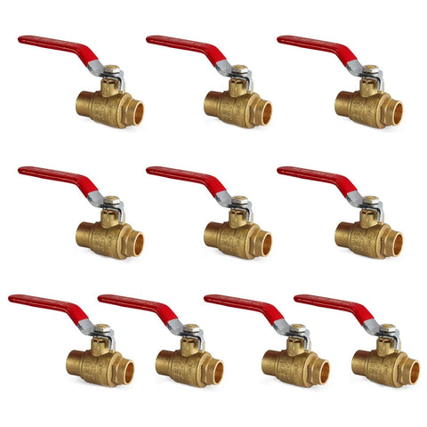 Pack Of Ten Full Port Sweat Brass Ball Valve Half Inch Lead Free Forged Brass 600 WOG For Water Oil And Gas One Quarter Turn