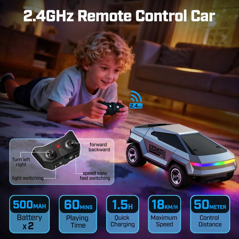Child playing with 1/24 Scale Remote Control Monster Truck For Kids With Colorful Lights, 2.4GHz RC Car indoors
