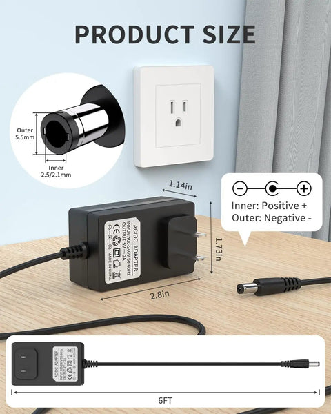 Go-To 5V 2A Power Adapter With 11 Interchangeable DC Plug Tips, Universal 100V 240V Input, Regulated Switching Supply, Smart Output 0.1A To 2A, 10W Max, Fits 5.5mm x 2.1mm And 2.5mm Plugs, Ideal For Cameras, Routers, And Speakers, black 6ft cord