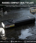 Go-To 3-In-1 Flat EDC Flashlight with 1600 Lumen White LED, shown on wet surface, highlighting waterproof feature.