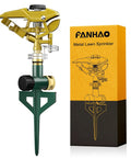 Heavy Duty Pulsating Impact Sprinkler With Spike Base, All Metal Construction Built To Last, 360 Degree Adjustable Spray Pattern For Large Lawns And Yards, Covers Up To 5800 Sq Ft next to packaging box.