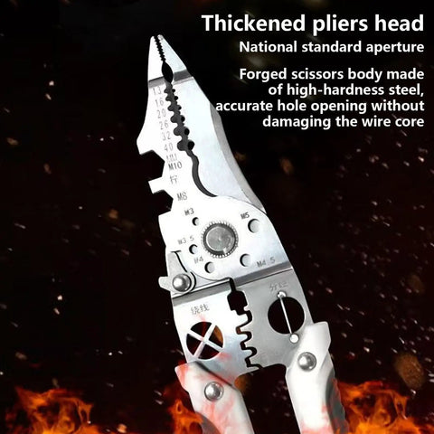 Close-up of Heavy Duty Stainless Steel Wire Stripping Pliers with thickened head and ergonomic grip for cutting and stripping wires.