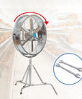 Heavy Duty Industrial Floor Fan With Waterproof Motor And Steel Blades shown on stand, rotating to deliver high velocity airflow.