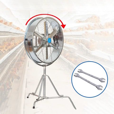 Heavy Duty Industrial Floor Fan With Waterproof Motor And Steel Blades shown on stand, rotating to deliver high velocity airflow.