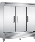 Heavy Duty Three Door Commercial Refrigerator Seventy Two Cubic Feet Stainless Steel Reach In Upright Fridge with shiny front and handles.