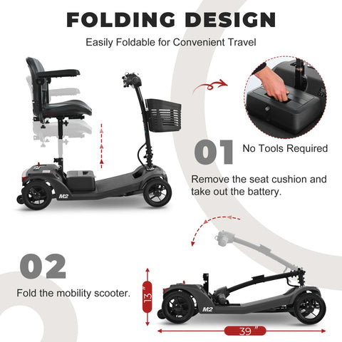 Metro Mobility 4-wheel folding mobility scooter in black with front basket; unfolded and folded views