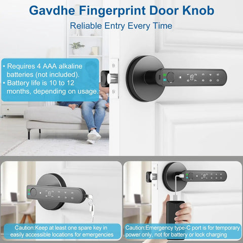 Fingerprint Smart Door Lock With Keypad For Keyless Entry 4 In 1 Knob Tuya Compatible shown in black on white door