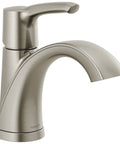 Parkwood Handle Lavatory Faucet Brushed Nickel Finish No Fuss Install Fits 1 Or 3 Hole 4 Inch Center Install Includes 20 Inch Flexible Supply Lines ADA Compliant Ceramic Disc Valve WaterSense Labeled Pop Up Drain Sold Separately in brushed nickel showing spout and handle design