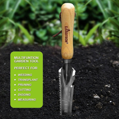 Five In One Hand Weeder Puller Tool For Garden Weeds Dandelion Fork And Weeding Knife with wooden handle on soil