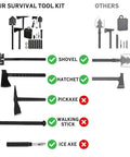 Survival Off Road Tool Kit with 19 in 1 folding shovel, axe, pickaxe, and bag comparison to traditional tools for outdoor use.