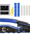 All In One Crimping Tool Kit For Ethernet And Phone Cables With RJ45 Cutter Wire Stripper And Network Crimper Portable Cable Connector Crimper For LAN Setup And Internet Repair On The Go, showing tools and connectors with crimping tool.