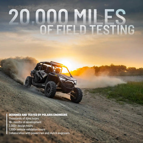 Off-road vehicle testing RZR Drive Belt For Specific Models Genuine OEM Part 3211226 at sunset on rugged terrain