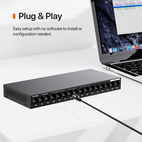 Sixteen Port Gigabit Unmanaged Ethernet Switch With Plug And Play Setup connected to laptop, fanless metal design