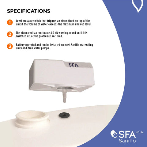 High Water Alarm For Upflush Toilets With Continuous Audible Alarm Clear Water Level Monitoring No Fuss Install Battery Powered Use With 2 AA Batteries Not Included Keeps Small Leaks From Turning Into Big Floods visible on toilet setup.