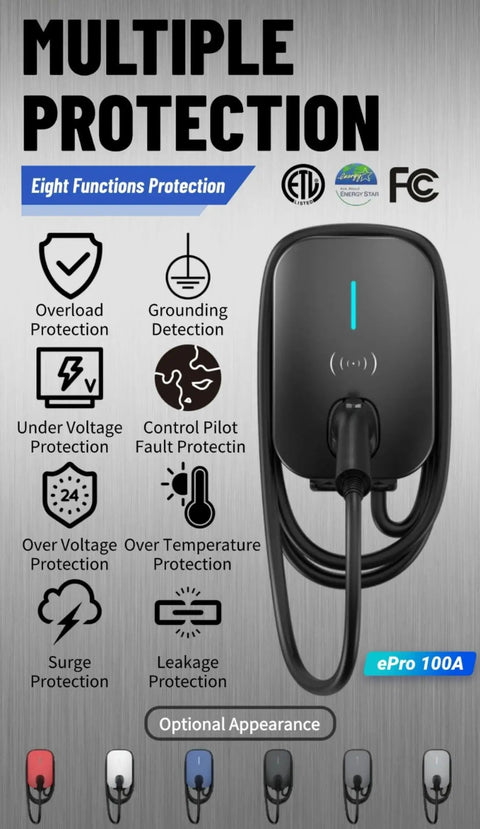 Next Level Smart EV Charger 11.5KW 48Amp Level Two Electric Vehicle Charging Station with protection features icons.