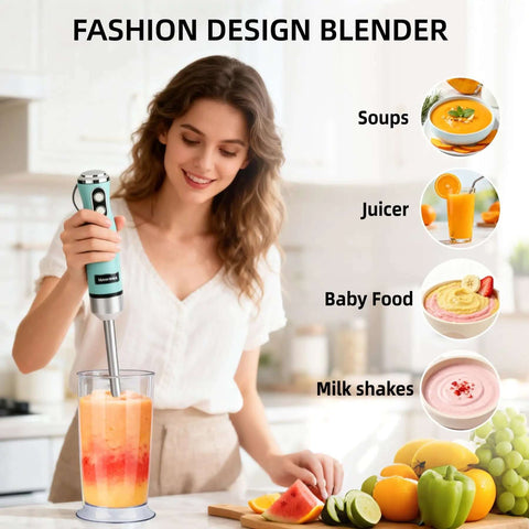 Woman using 600W 4-In-1 Corded Immersion Blender Handheld Kitchen Mixer With Stainless Steel Attachments for smoothies.