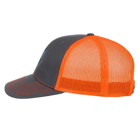 Side view of Retro Cotton Baseball Cap For Men Lightweight Breathable in trucker style with orange mesh and gray front