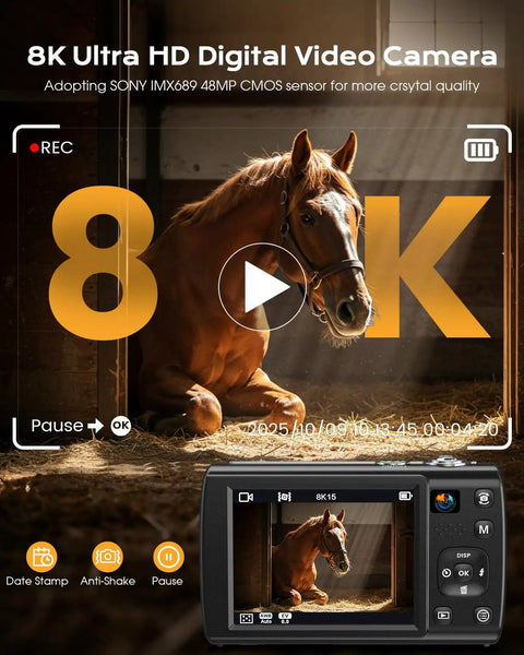 8K Ultra HD Digital Camera displaying video capture of a horse inside a barn, highlighting its video recording feature.