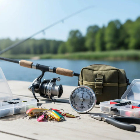 High Precision Indoor Barometer For Home Weather Tracking And Fishing Prep on outdoor dock with fishing gear