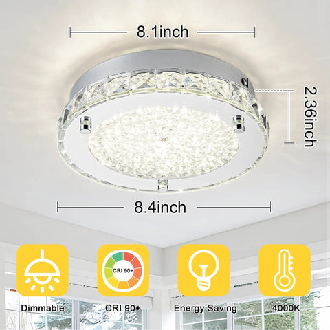 Flush Mount Crystal Ceiling Light With K9 Crystals, Modern Round LED Fixture In 4000K Daylight, 8 Inch for small spaces shown lit.
