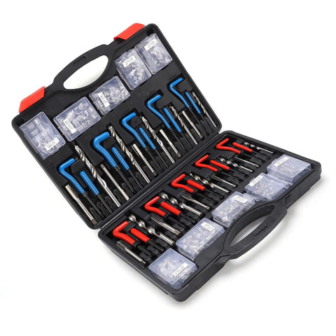 Helicoid Thread Repair Kit Pro Grade 261-Piece Set with 220 Inserts in open storage box showing tools and inserts