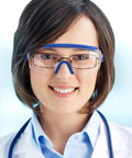 Over Glasses Anti Fog Safety Goggles For Men And Women With Adjustable Frame Pink Protective Eyewear close-up on smiling woman