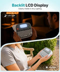 Top Shelf Qwerty Label Maker Featuring Waterproof Build And Portable Slick Design With Type C And Battery Power For Stress Free Home Office Organization Including One White 12mm Core Tape with backlit LCD display in low light and daylight settings.