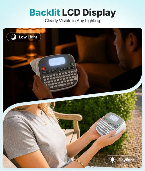 Top Shelf Qwerty Label Maker Featuring Waterproof Build And Portable Slick Design With Type C And Battery Power For Stress Free Home Office Organization Including One White 12mm Core Tape with backlit LCD display in low light and daylight settings.