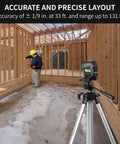 5 Point Green Laser Level With Self Leveling Dots And Magnetic Base, Plumb Up And Down Beams, 131 Foot Range, Includes 2 AA Batteries And Pouch, Pro Grade DIY Favorite For Quick, Accurate Layouts From Floor To Ceiling on tripod in wood framing