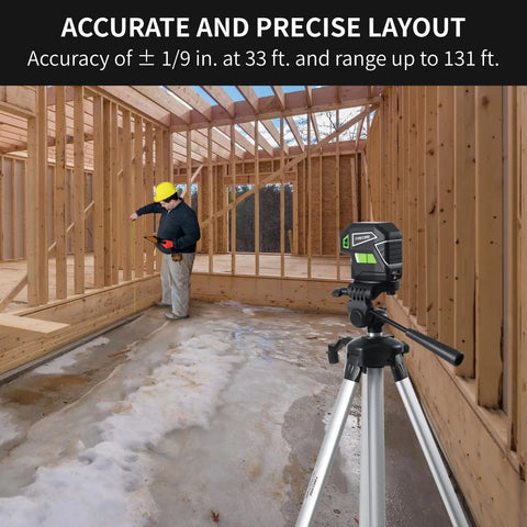 5 Point Green Laser Level With Self Leveling Dots And Magnetic Base, Plumb Up And Down Beams, 131 Foot Range, Includes 2 AA Batteries And Pouch, Pro Grade DIY Favorite For Quick, Accurate Layouts From Floor To Ceiling on tripod in wood framing