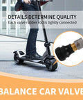 Tubeless Tire Valve Stems For Electric Scooters Ten Pack, Vacuum Valve Accessories, shown on scooter with focus on valve.