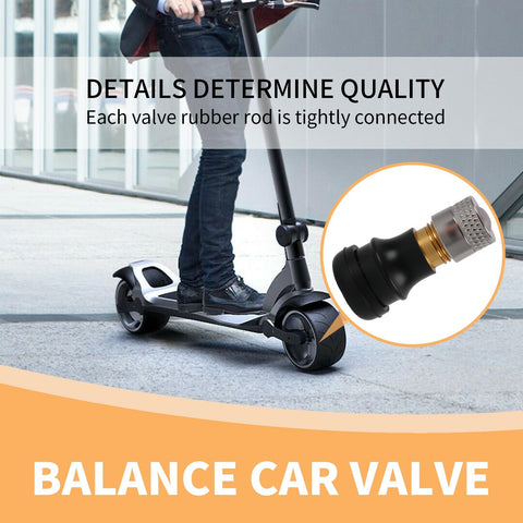 Tubeless Tire Valve Stems For Electric Scooters Ten Pack, Vacuum Valve Accessories, shown on scooter with focus on valve.