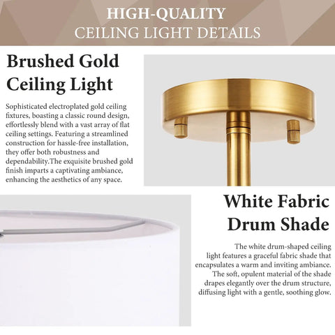 3 Light Gold Drum Semi Flush Mount Ceiling Light With White Fabric Shade, Modern Close To Ceiling Fixture For Bedroom Living Room Kitchen Hallway Entryway, Frosted Glass Diffuser, Dope Brushed Gold Finish