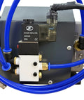 Close-up view of Techtongda Pneumatic Cable Cutter With Foot Pedal 110V hydraulic connections and blue air hoses.