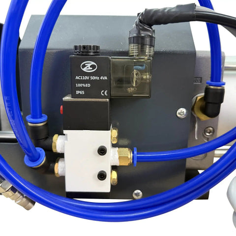 Close-up view of Techtongda Pneumatic Cable Cutter With Foot Pedal 110V hydraulic connections and blue air hoses.