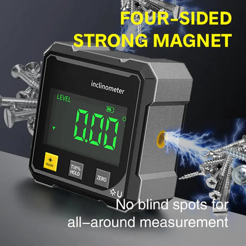 Ultra Precise Digital Angle Finder With Laser And Four Side Magnetic Base, LED Readout Inclinometer For Woodworking, Table Saw Miter Protractor, Level Box, Absolute And Relative Angle Measurements on magnetic side view